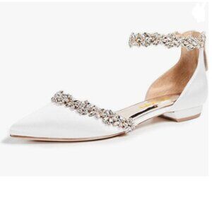 XYD White Pointed Toe D'Orsay Wedding Flat Sandals Rhinestones Ankle Strap Shoes